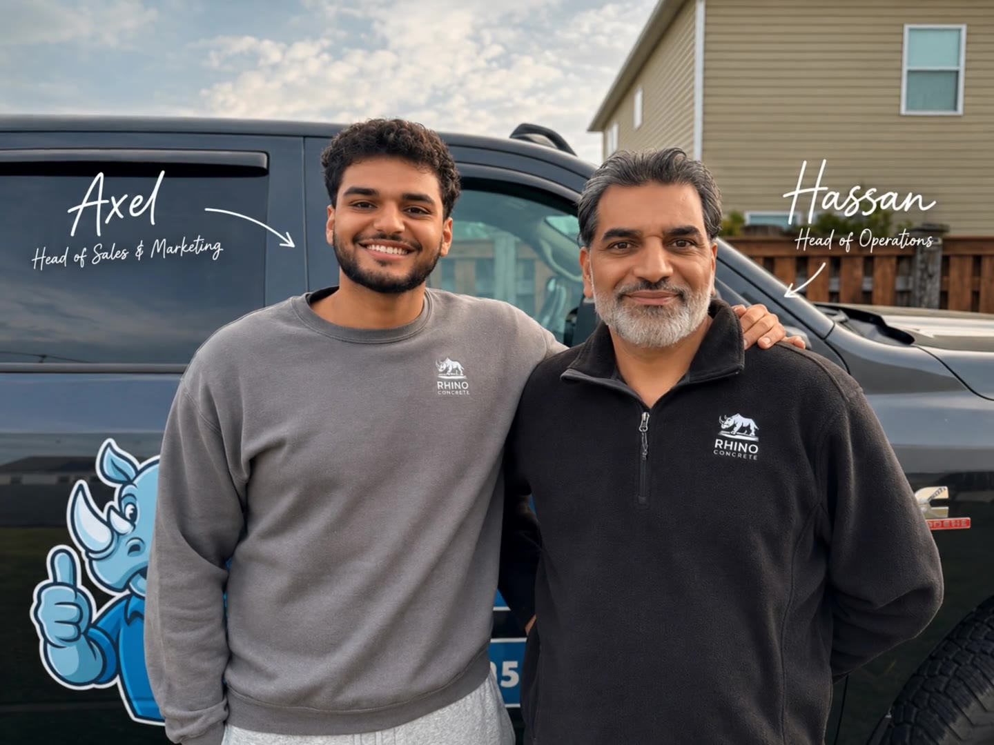 Meet the Rhino Concrete team — Axel, Head of Sales & Marketing, and Hassan, Head of Operations, in front of the company truck
